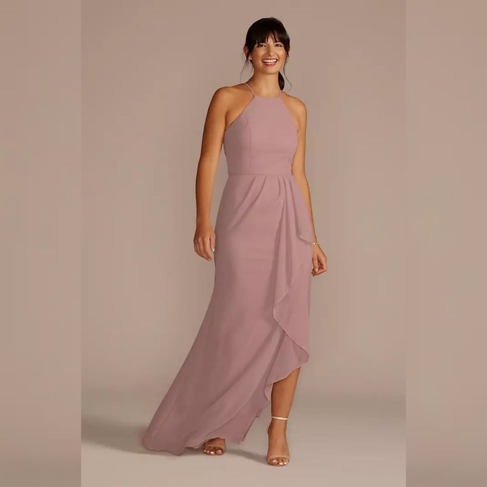 David's Bridal High Neck Chiffon Dress with Cascade in Quartz Pink Size‎ 18